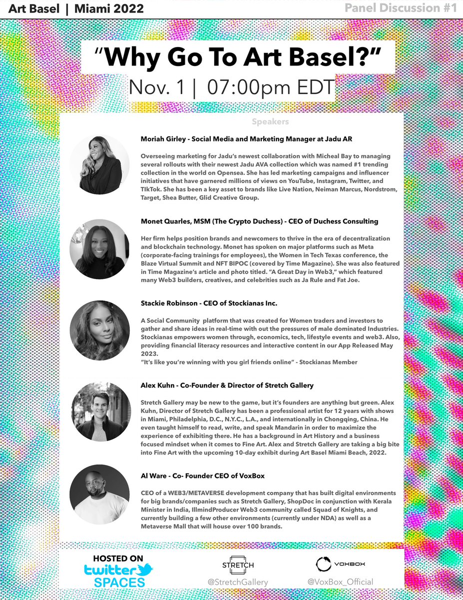 🚨Live AMA Nov 1st @ 7pm EST🚨 twitter.com/i/spaces/1gqGv… 👉 “Why Go To Art Basel Miami 2022?” 👉 Art x Tech: Entering into the Digital Renaissance @moriahgirley @CryptoDuchess_ @StackieRobins0n @VoxBox_Official