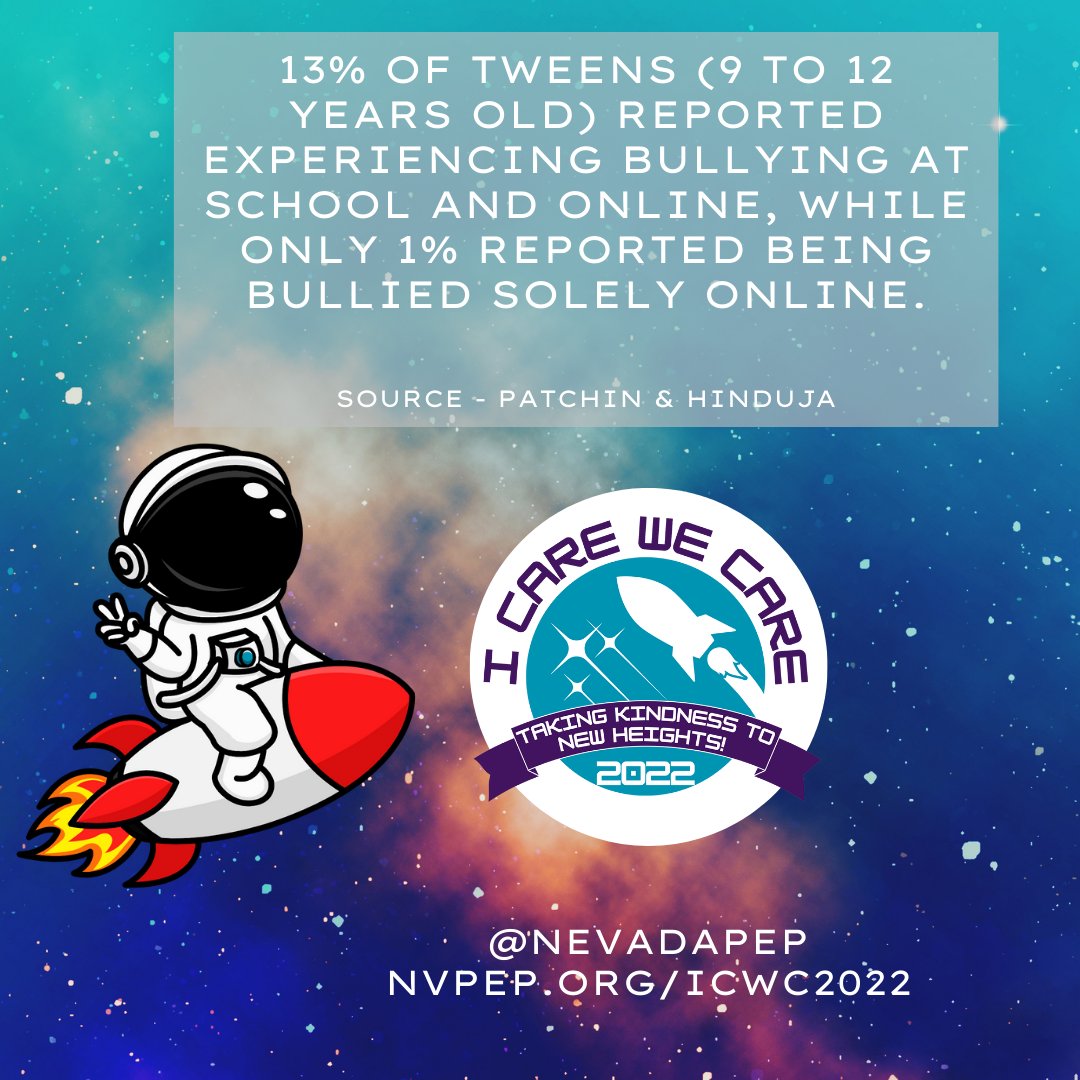 NevadaPEP's tweet image. 13% of tweens (9 to 12 years old) reported experiencing bullying at school and online, while only 1% reported being bullied solely online.

Learn more about what you can do to prevent bullying at NevadaPEP.org/ICWC2022

#ICWC2022 #BullyingPrevention #ChooseKindness #NevadaPEP