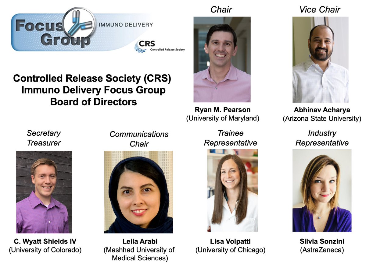 We're very excited to announce our <a href="/CRS_FG_Immuno/">CRS Immuno Delivery</a> Board of Directors. Stay tuned for the upcoming exciting events, webinars &amp; other announcements. Looking forward to <a href="/CRSScience/">Controlled Release Society</a> 2023 meeting! <a href="/RyanMPearson/">Ryan M. Pearson, PhD</a> <a href="/Abhi_Immuneng/">Abhi Acharya</a> <a href="/WyattShieldsIV/">Wyatt Shields</a> <a href="/LeilaPharmD_PhD/">Leila Arabi (Pharm.D., Ph.D.)</a> <a href="/LisaRVolpatti/">Lisa R Volpatti</a> <a href="/silviajem/">Silvia Sonzini</a>