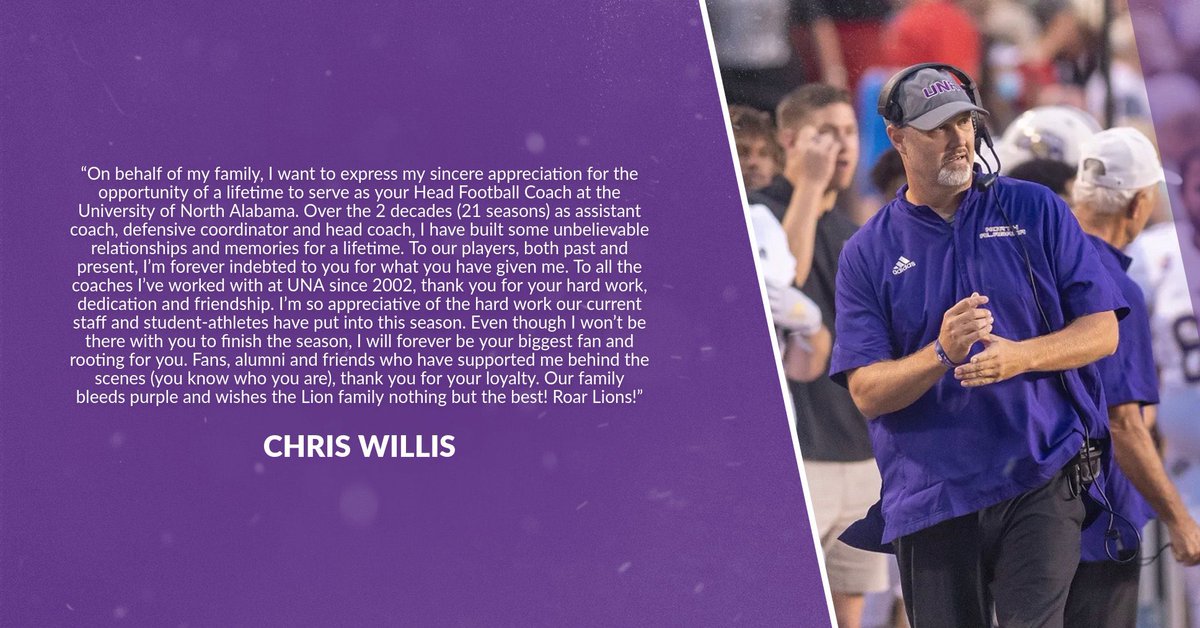 UNAFootball's tweet photo. A message from Coach Chris Willis to the Lion Family… https://t.co/OAq15aH2bn