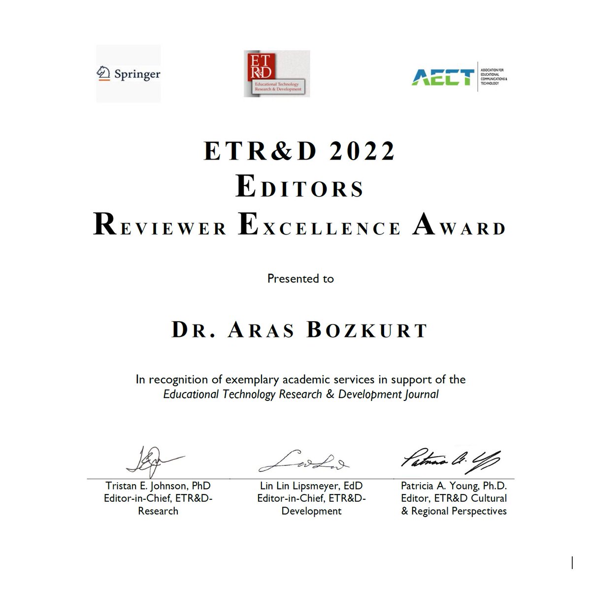 arasbozkurt's tweet photo. I am happy to receive the ETRD Reviewer Excellence Award. It is important to me as I believe that reviewers' efforts should be recognized and appreciated. #ETRD is a journal that values all these voluntary efforts. https://t.co/ZZmz1GGgPt