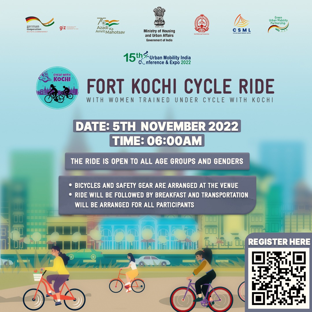 Join us for a fun cycle ride 🚴‍♂️🚴‍♀️ along the beautiful Fort Kochi heritage route trail, covering the historical landmarks &amp; serene landscapes of Kochi🌅.
 
🗓️: 5th Nov 2022 ⏰: 6 am

Registration link: bit.ly/3Wrg5QX
@giztransportIN, <a href="/CSML__/">Cochin Smart City-CSML</a> <a href="/AdvMAnilkumar1/">Adv. M Anilkumar</a> <a href="/MoHUA_India/">Ministry of Housing and Urban Affairs</a>