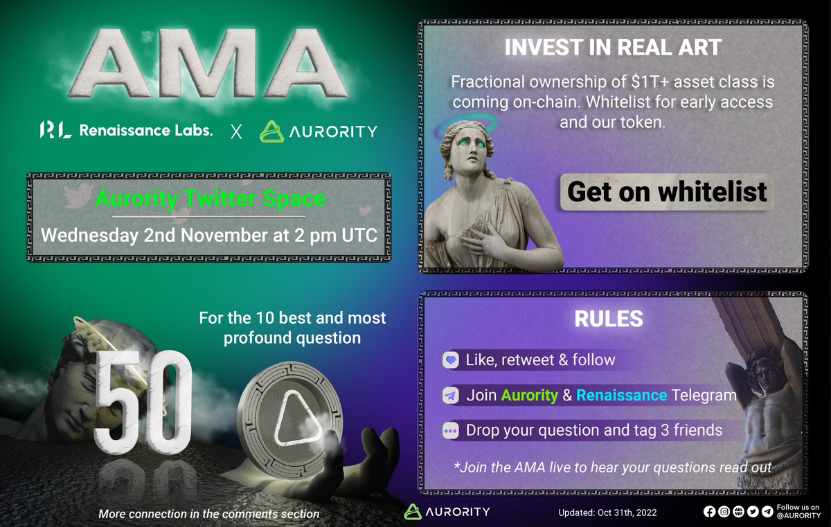 Aurority_com's tweet photo. 🚨AURORITY x Renaissance #AMA🚨
💰50 $AURORA for 10 best questions

🛑48hrs &amp; Rules:
1⃣👍, RT &amp; FL @RenaiLabs &amp; @Aurority_com
2⃣Join TG https://t.co/oVvDrNOsG8 &amp; https://t.co/aJ01Y5obJB Discord
3⃣Drop your questions &amp; tag 3 friends

$AURORA #Aurority #NFT #web3community #NFTs https://t.co/XLFqd6XJDh