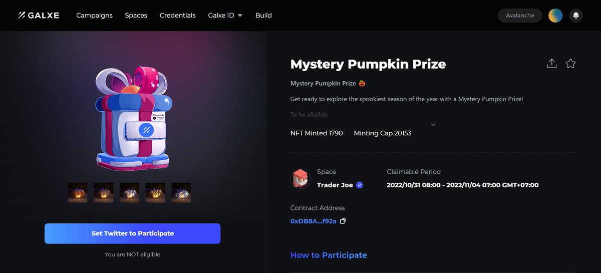 Hey, <a href="/Galxe/">Galxe</a> has a campaign "Mystery Pumpkin Prize" for #NFT Minting Free on #Avalanche @traderjoe_xyz 

If you don't have fee on #Avalanche to mint the NFT, please fill our form here and we will send you some
forms.gle/2bMmAtSSxYt3yJ…

Remember to LIKE and RETWEET this post first!
