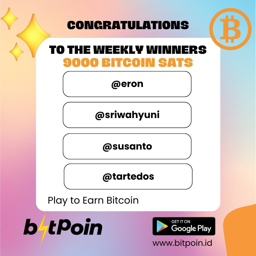 Congrats to the winner 🔥⚡️👍🏼

Let’s Play more to Earn more, only on Bitpoin Apps!

#Bitpoin #BitpoinID #BitpoinIndonesia #Bitcoin #bitcoinindonesia #bitcoinnews #bitcoinprice #bitcoinsatoshi #sats #satoshi #blockchain #crypto #cryptocurrency #bitcoininvestment