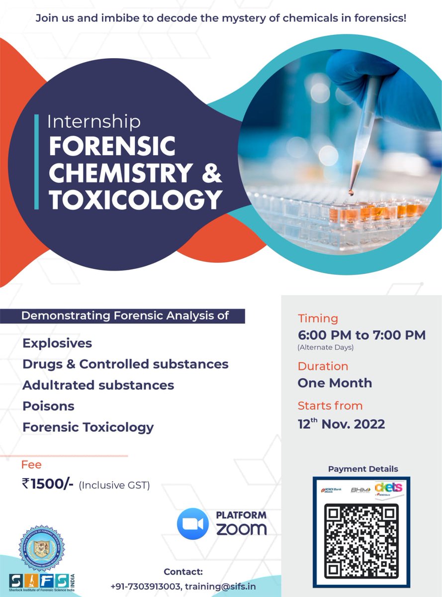 Sherlock Institute of Forensic Science invites enthusiastic learners to learn and decode the mysteries of chemistry in the forensic landscape at the One Month Internship on Forensic Chemistry and Toxicology. 
Enrol yourself at forms.gle/63iuwFz45KE1wo…