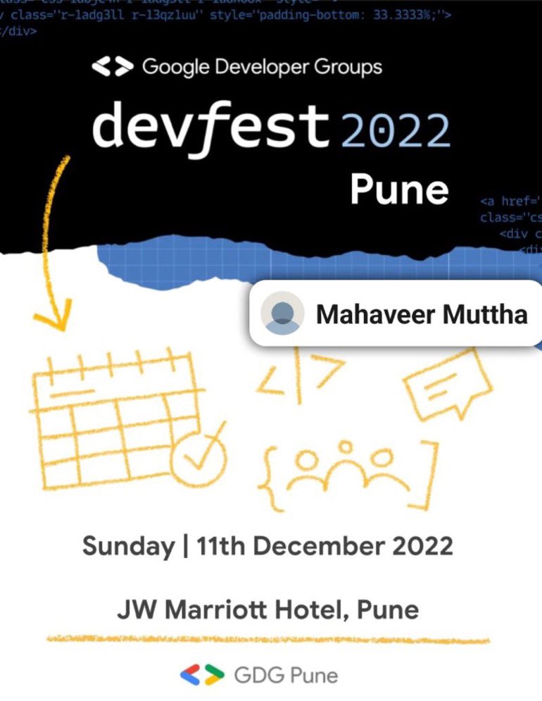 deepakcode's tweet image. 🥳Finally, the most awaited announcement of the year is here!

📣GDG Pune team is excited to share that #Devfestpune is happening on

🗓 Sunday | 11th Dec,2022
📍 JW Marriott, Pune
🔗 devfest.gdgpune.in

 #pune #gdgpune #wtmpune #gdgcloudpune #devfest2022 #DevFestPune2022