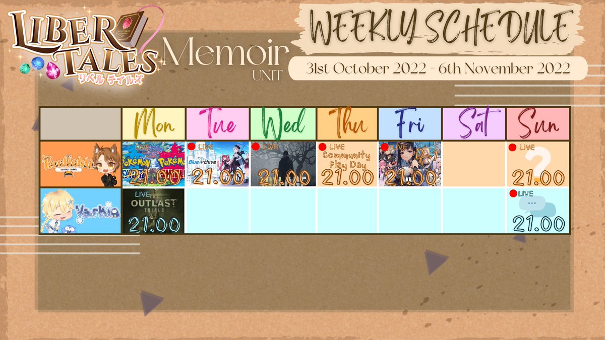 LiberTales_VT's tweet photo. 📜มาแล้ว ๆ ตารางไลฟ์ของสมาชิกบ้าน LiberTales!✨
ー ตารางไลฟ์ประจำวันที่ 31 ตุลาคม 2565 - 6 พฤศจิกายน 2565

*อาจมีการเปลี่ยนแปลงในภายหลัง

ตามปกติแล้ว ช่วงนี้กำลังจะเข้าหน้าหนาว แต่หนาวจริงไหมไม่ทราบ แต่ถ้าอยากนอนราบพักผ่อน อย่าพลาดไลฟ์ของสมาชิกด้วยนะครับ! https://t.co/9a6bWBJ6dJ