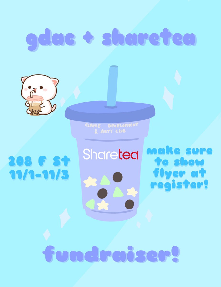 gdacAtDavis's tweet photo. GDAC is doing a fundraiser with Sharetea this week starting on Tuesday from November 1-3! 🧋 
Show this digital flyer to the cashier or mention “GDAC + Sharetea fundraiser” when ordering if you’re using the Snackpass kiosk machine! 😊 https://t.co/iRPXD8W07k