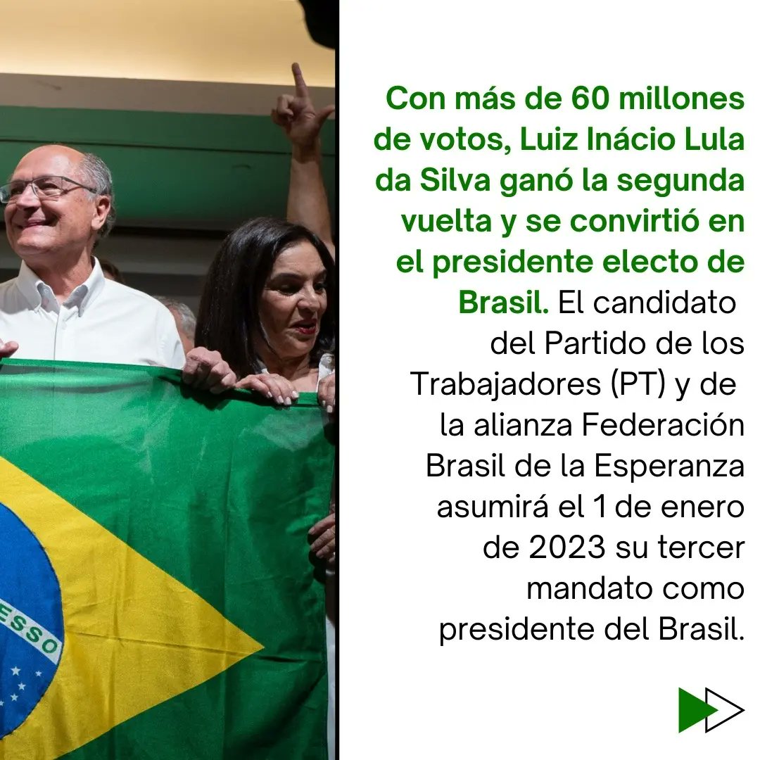 Con más de 60 millones de votos, Luiz Inacio Lula Da Silva ganó un balotaje histórico y es el nuevo presidente electo de Brasil ♥️💥