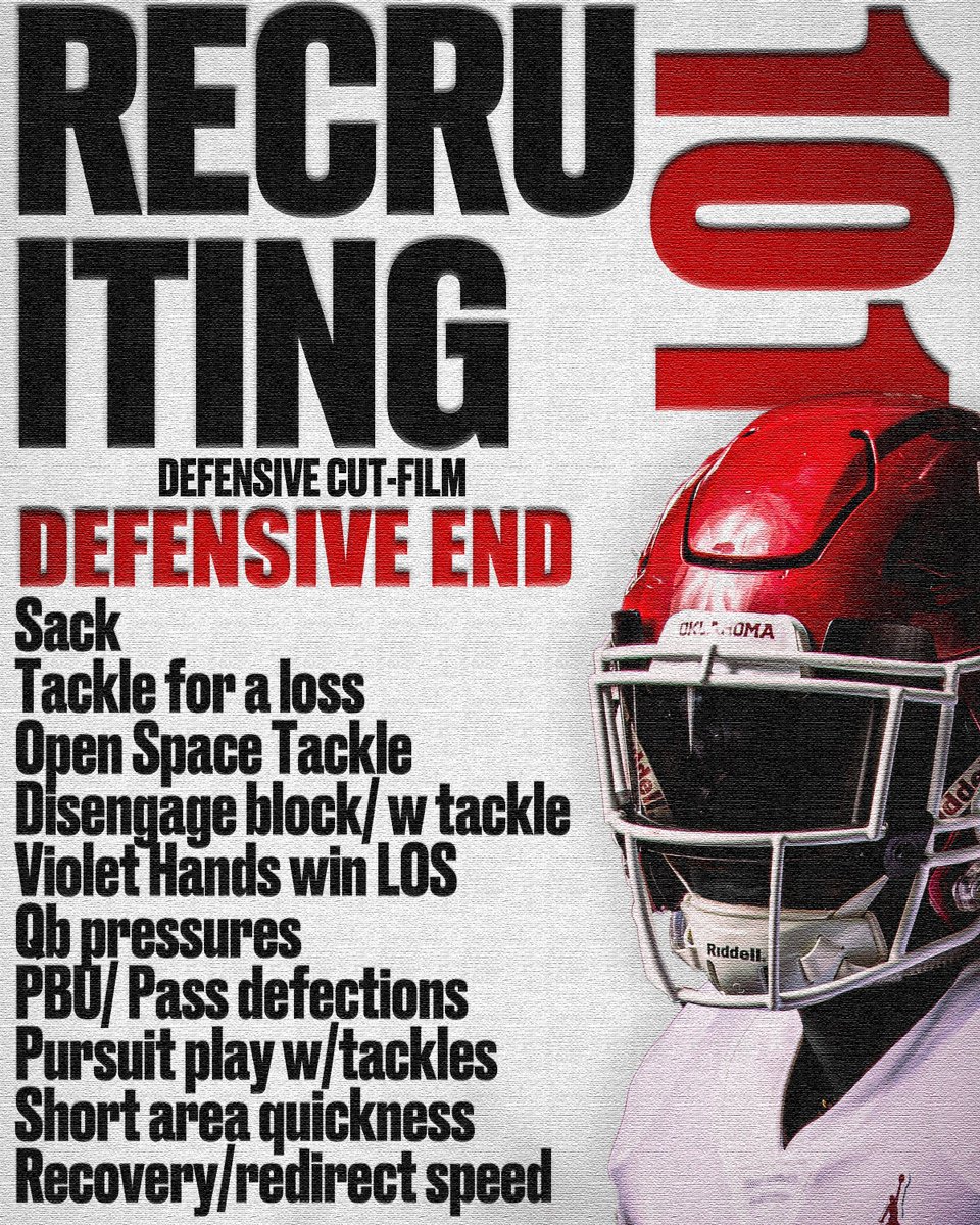 RECRUITs: Defensive End, you will need to have these clips FIRST in your FILM, showing your BEST positional attributes. These clips will help answer the questions about your skills, factors, and ability to play the position. #Recruiting101