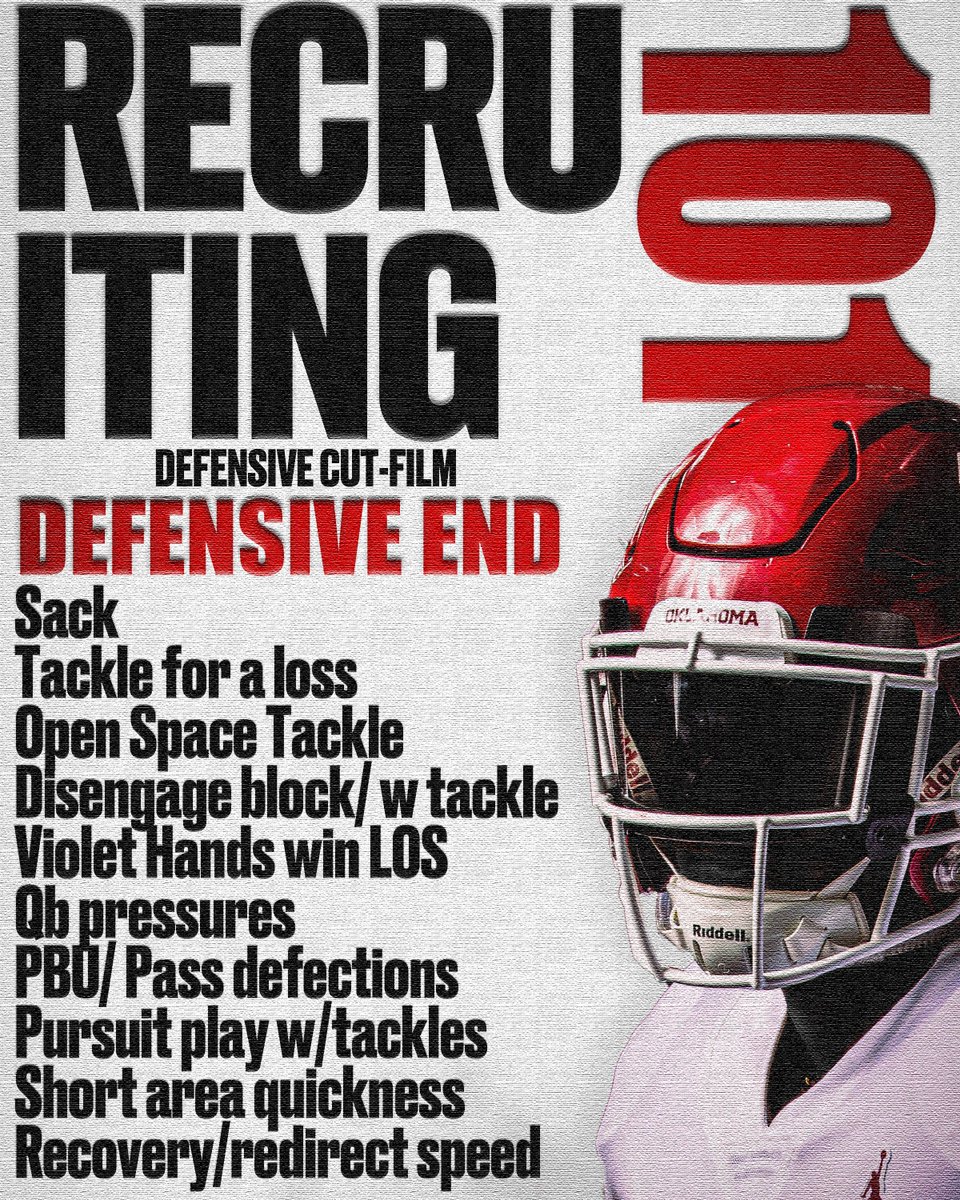 RECRUITs: Defensive End, you will need to have these clips FIRST in your FILM, showing your BEST positional attributes. These clips will help answer the questions about your skills, factors, and ability to play the position.  

#Recruiting101