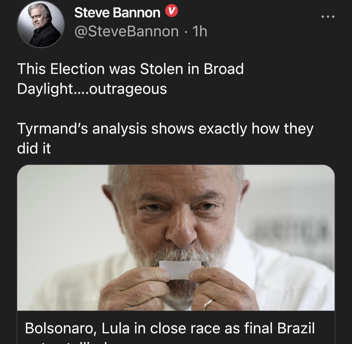 jonsopel's tweet image. Well knock me down with a feather. Who would have guessed that Steve Bannon would think a Lula victory must equal a stolen election. I mean it’s not like we’ve been here before🙄