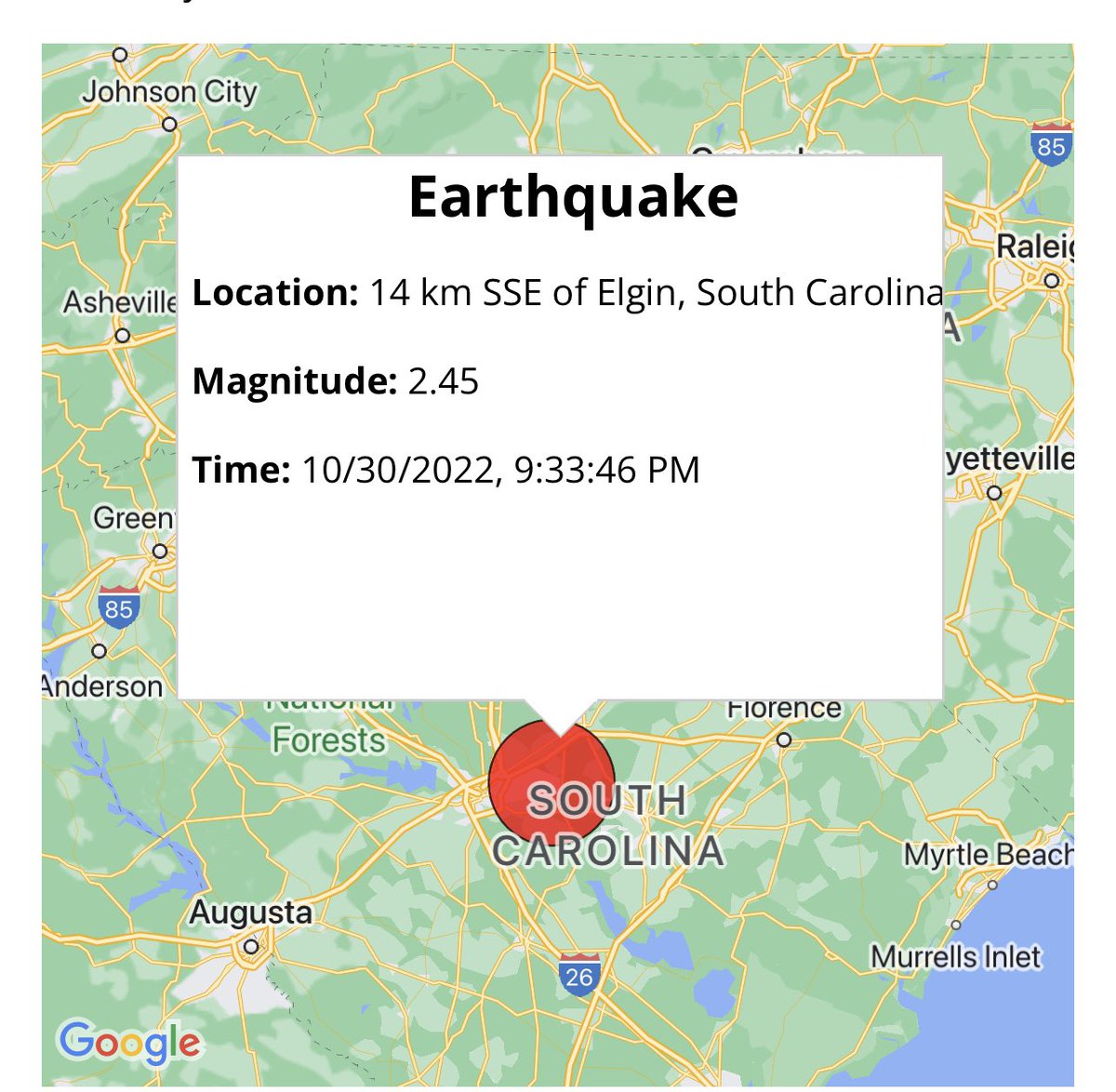 USGS confirms a 2.45 magnitude earthquake centered 9 miles SSE of Elgin, occurring at 9:33 p.m. this evening (10-30-22). Info: #SCTweets earthquake.usgs.gov/earthquakes/ev…