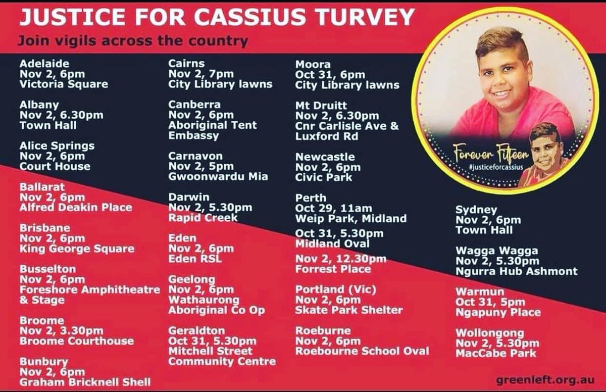 A vigil for Cassius Turvey will be held this evening (Monday 31 Oct) at 5.30pm at Midland Oval: fb.me/e/30586g90p 

You can find information for vigils in Albany, Busselton, Broome, Bunbury, Carnarvon, Geraldton, Moora, Roeburne, &amp; Warmun below. 

#JusticeForCassius