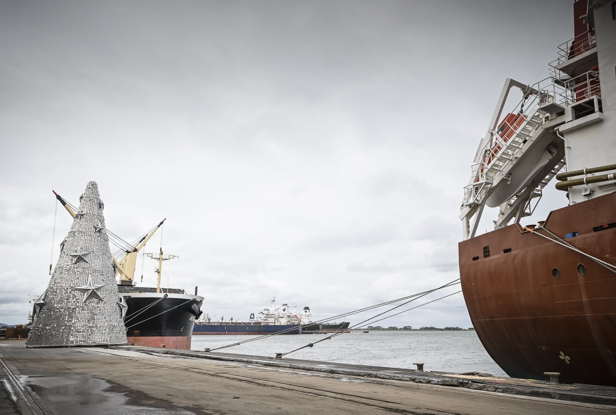 A behind the scenes sneak peek of <a href="/Geelong_Mayor/">Geelong Mayor</a> <a href="/PeterMurrihy/">Peter Murrihy</a> at Geelong Port inspecting our floating Christmas tree, which has been assembled for the 2022 #GeelongChristmas program.