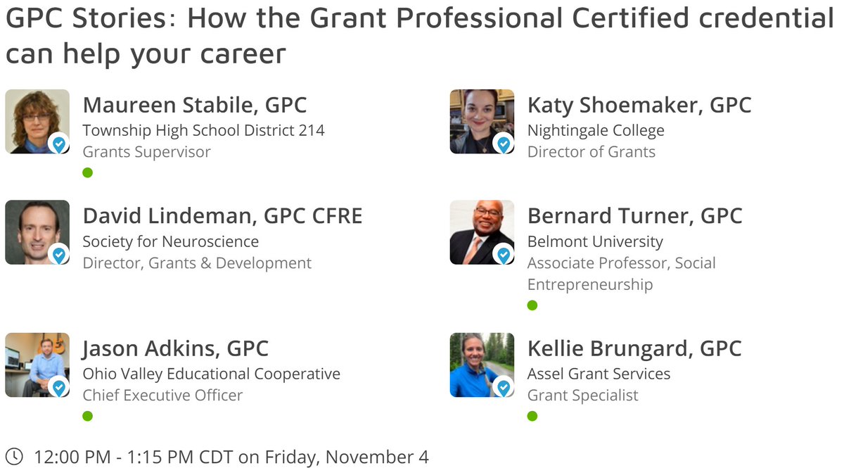 GPCInstitute's tweet photo. Have you thought about earning the #GPC? Meet a diverse group of #grant professionals who explain how it impacted their lives and careers at our in-person & online session today at 1pm eastern. #GPAconf2022 #GPCs #GrantPro #GrantPros https://t.co/ZsqFVDlZg9
