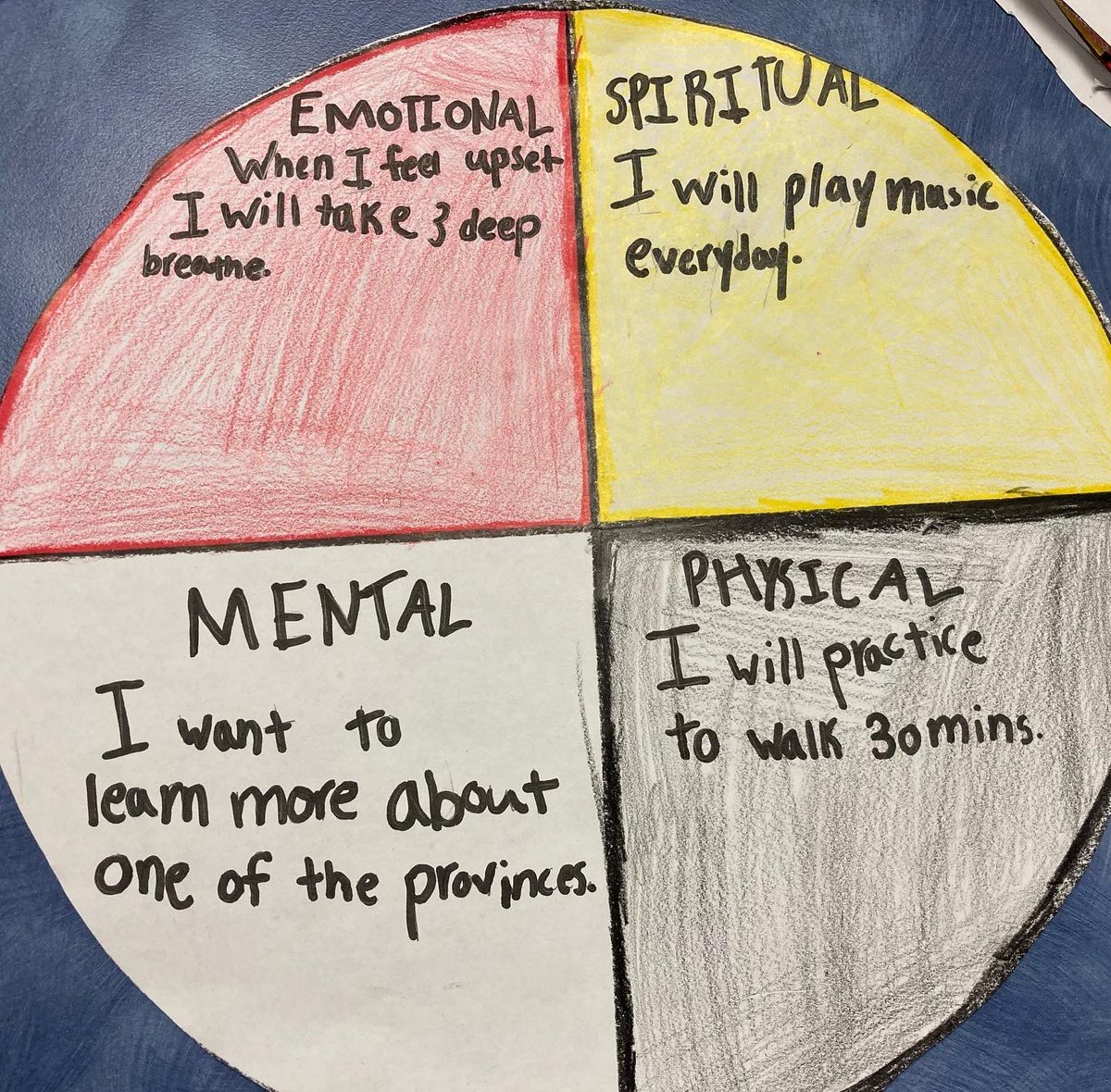 We learned about the medicine wheel and discussed the different things each part represented. Then we made some goals to work on as we prepare for student led conferences this week.