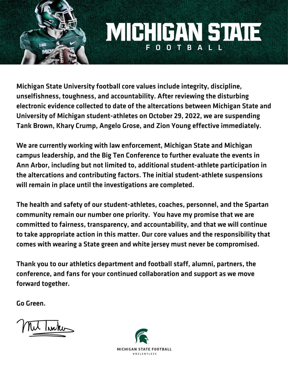 Suspensions announced by Michigan State. No length of suspension revealed. And it sounds like more could come.
