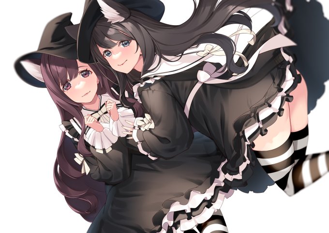 今度は、ふとんさん(@41futon)とまくらさん(@411makura)のハロウィンの魔女姉妹コスの姿を描きました。 