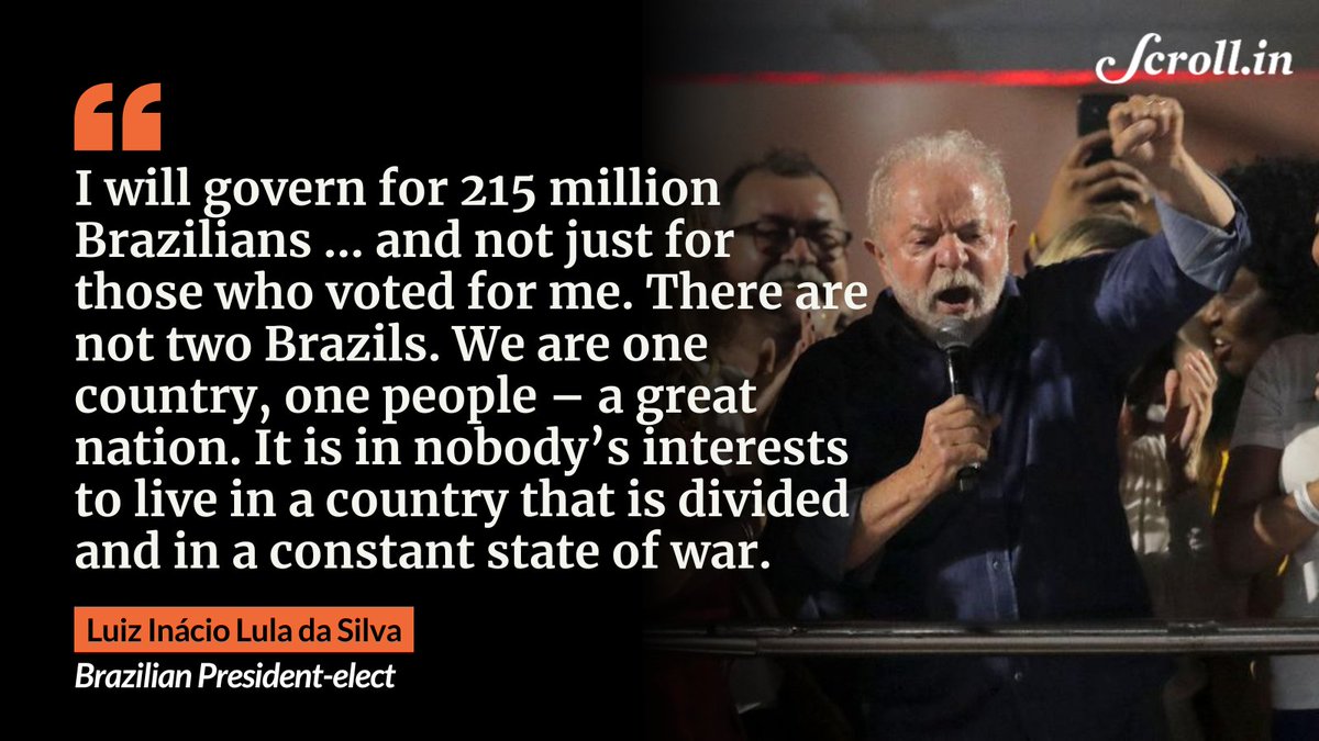 #Brazilelections: Luiz Inácio Lula da Silva defeats Jair Bolsonaro to stage a comeback Read more: scroll.in/latest/1036224/