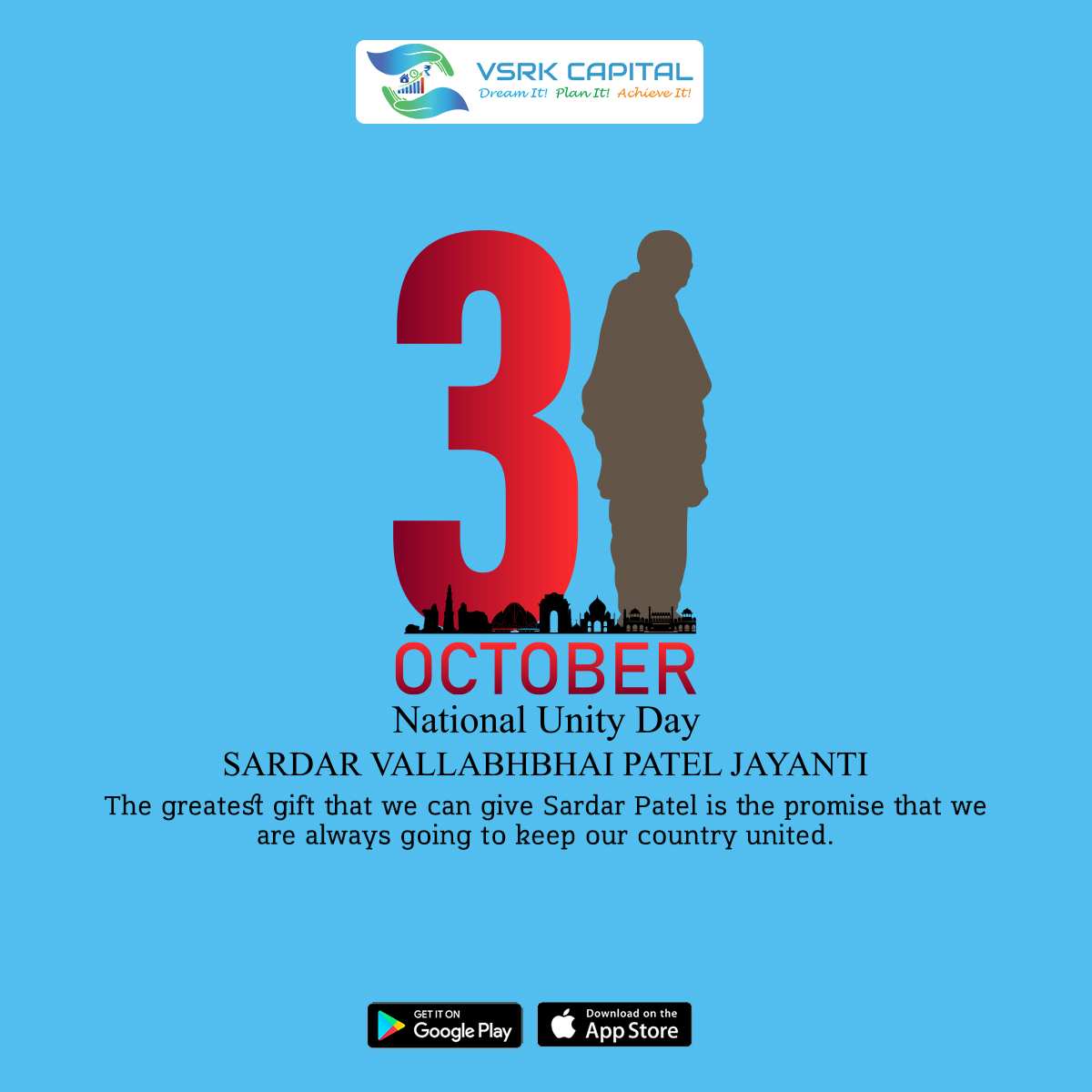 vsrkcapital's tweet photo. Happy National Unity Day! 🇮🇳

Tributes to the Indian Ironman, Great freedom fighter and Bharat Ratna Sardar Vallabhbhai Patel on his birth anniversary.

#NationalUnityDay #SardarVallabhbhaiPatel #IronMan #राष्ट्रीय_एकता_दिवस 🇮🇳 #SardarPatel https://t.co/SFkBFvoeMj