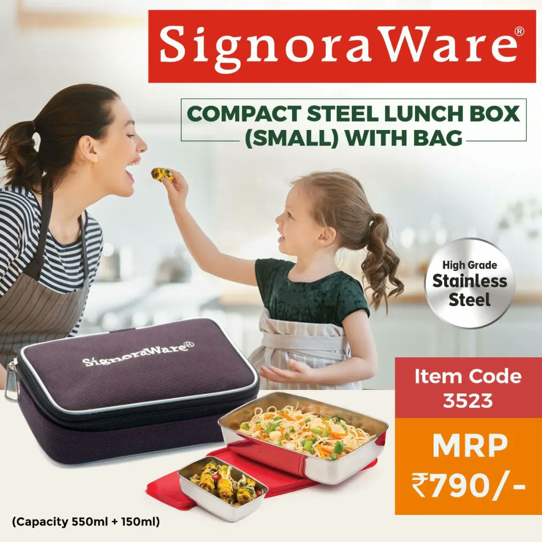 SignoraWare's tweet photo. Compact Steel Lunch Box Big and Small for a healthy meal everyday
#signoraware #compactsteellunchbox #compactsteelbig #compactsteelsmall #steellunchbox #lunchbox #steellunchboxwithlid #lunchbox #steelbody #steel #virginplasticlids #professionals #students #school #college #office https://t.co/mK6ufGFQqq