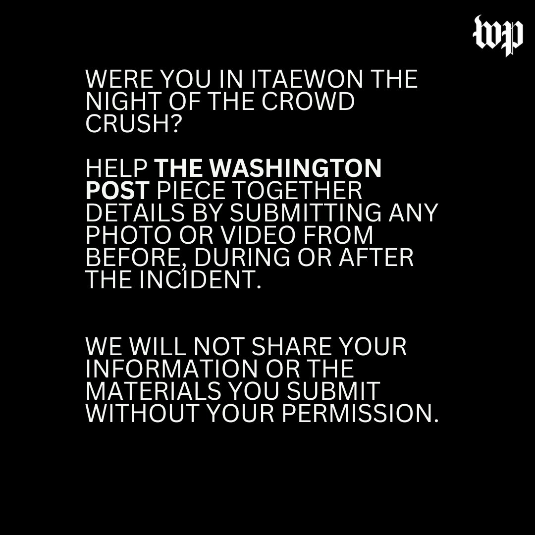 myhlee's tweet photo. Were you in Itaewon Saturday night? Help @washingtonpost piece together details by submitting any photo or video from before/during/after the crowd crush.

Kakao open chat: https://t.co/bVSXVJ1x9q
Email: michelle.lee@washpost.com
Twitter/IG DM @myhlee 
Text +82-10-6370-8899 https://t.co/hfpB4KndRz
