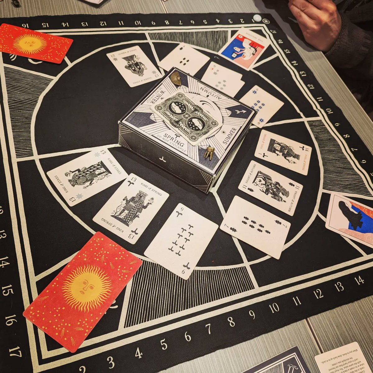 Illimat: Stark aesthetic of the Decemberists meets obscure occult social game tropes. A surprisingly accessible game with fun flavor quirks. #bigbadcon
