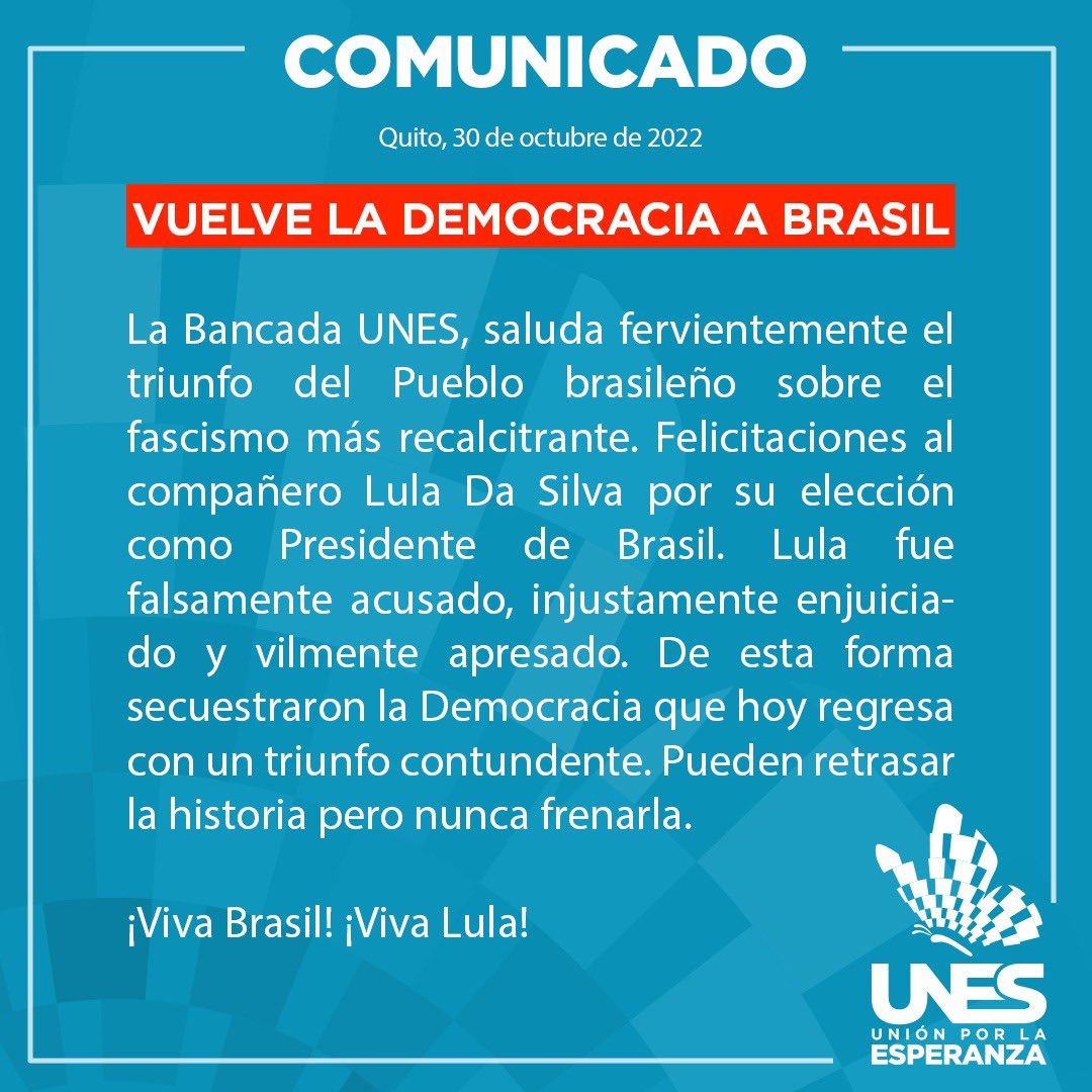COMUNICADO 🔴🔴🔴 El mundo abraza el triunfo de @LulaOficial. El pueblo brasileño derrotó al fascismo y al #lawfare en las urnas.