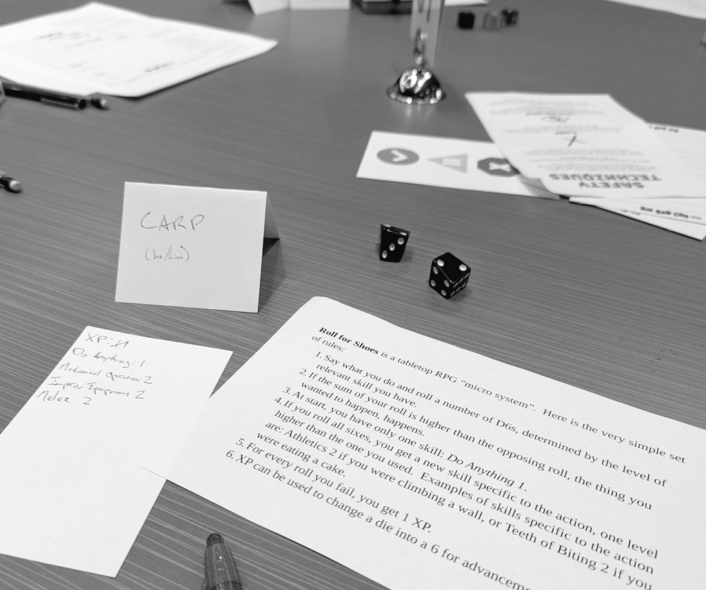 Roll for Shoes: Build up your character's most basic skills from scratch in this stone soup micro RPG. Our campaign began in medical pods on a smoky spaceship, reprising the con's actual 1am hotel fire drill. #artimmitatinglife #bigbadcon