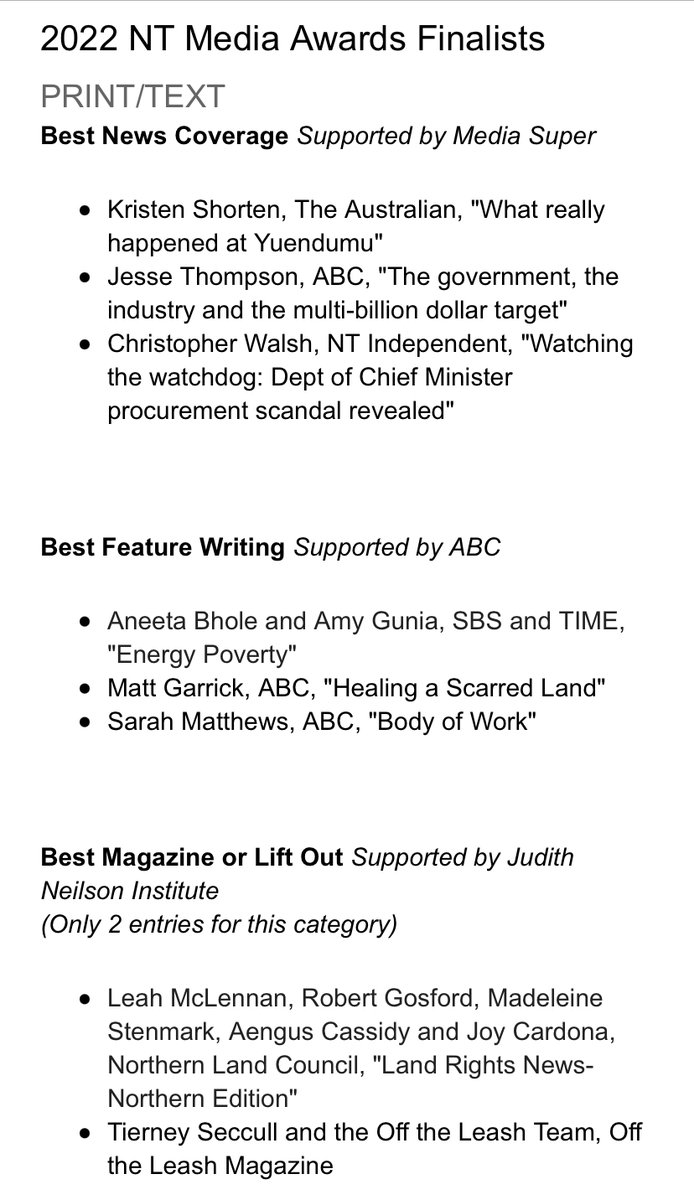 FINALISTS: Print/Text
Best News Coverage
Best Feature Writing
Best Magazine or Lift Out