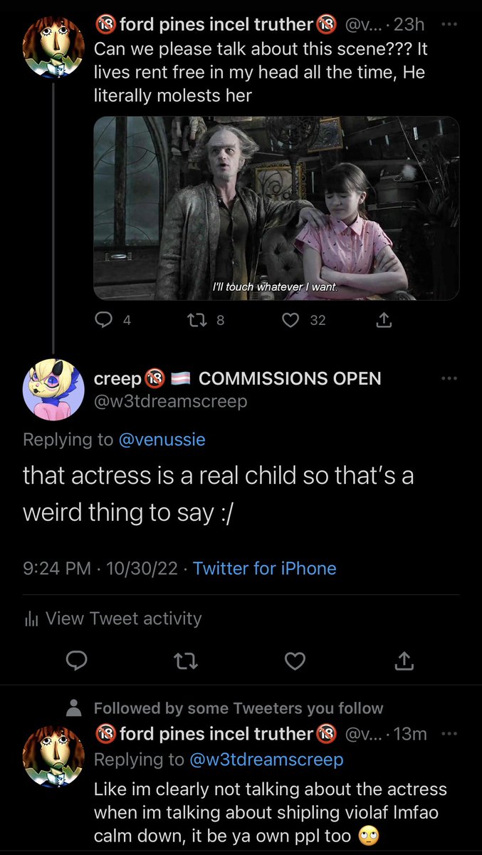 this isn’t like a callout post or anything but i have a bunch of moots who follow this person so uhhh maybe y’all wanna unfollow :/ or if you agree w them then block me bc y’all should not be saying that abt characters played by real kids