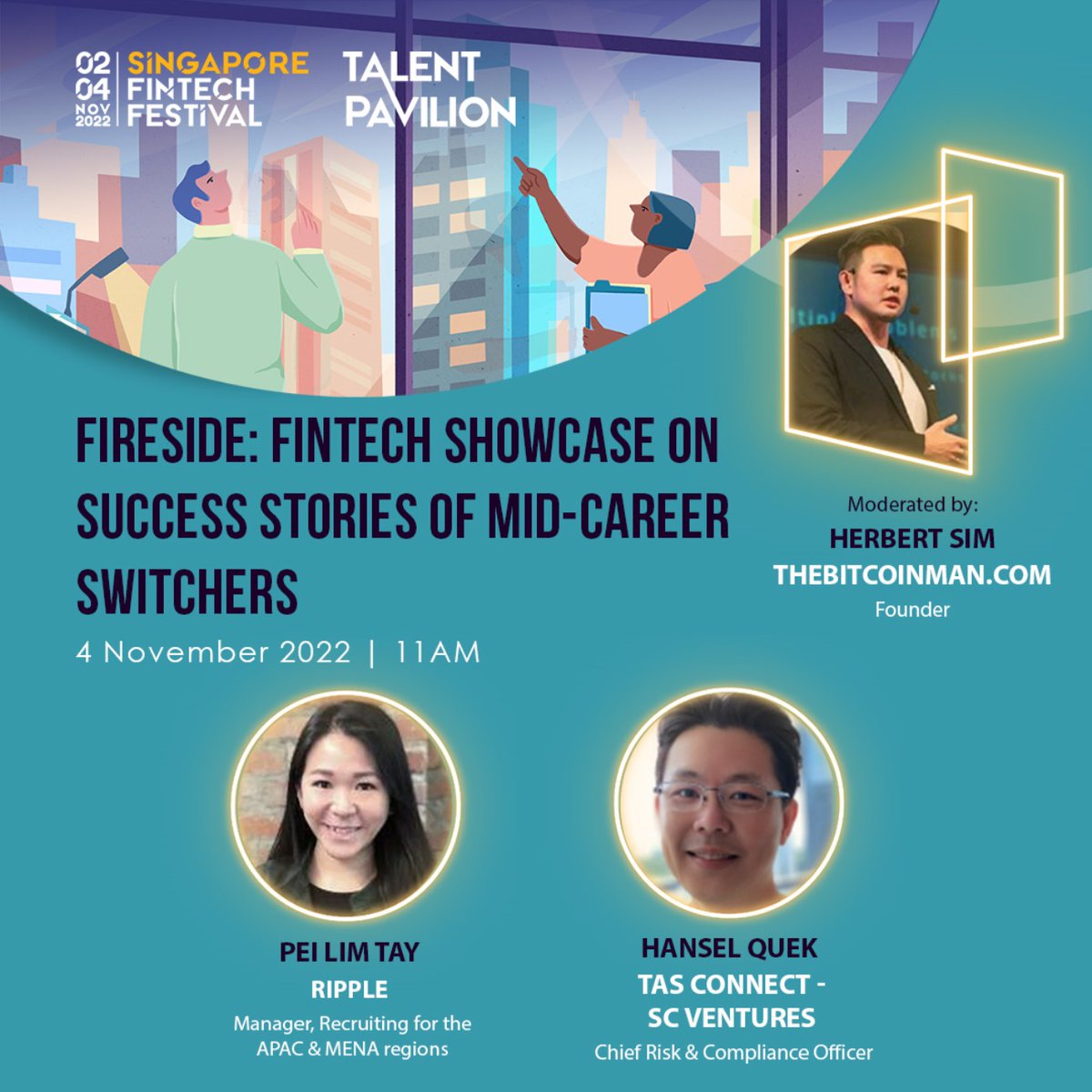 HerbertRSim's tweet photo. #TalentPavilion is back @ #SGFinTechFestival2022 🇸🇬💫🦄

Feat. a series of panels on future-ready workforce, building resilient #FinTech talent, talent showcase &amp; networking sessions for the #FinancialTechnology community 💪🏼📚💡

❗FREE trade visitor pass
https://t.co/4uZ9ZdIKft https://t.co/qOd4deGzOx