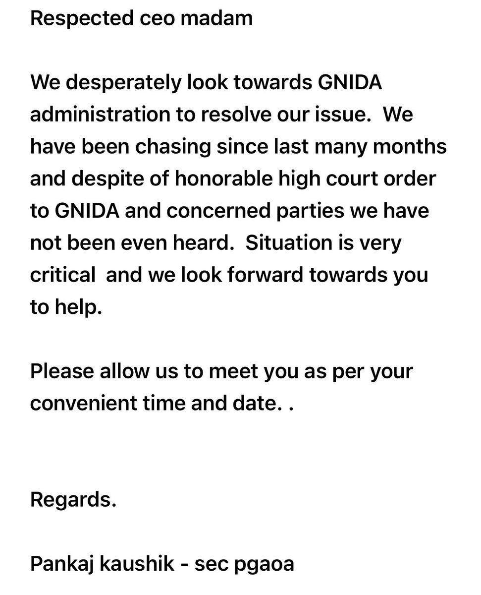 <a href="/CeoNoida/">CEO, NOIDA Authority</a> <a href="/CMOfficeUP/">CM Office, GoUP</a> respected madam We desperately look twrds GNIDA admin to resolve our issue.We’ve chasing since many mnths &amp; despite of honorable high court order to GNIDA and others we havnt even heard.Situation is critical and we look forward towards you to help.9711137534