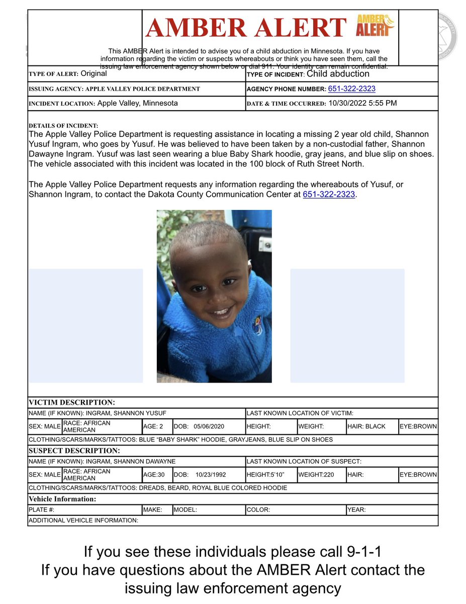 nickstreiff's tweet photo. AMBER ALERT out of Apple Valley. 2-year-old taken by non-custodial father. @WCCO https://t.co/L99B7meugk
