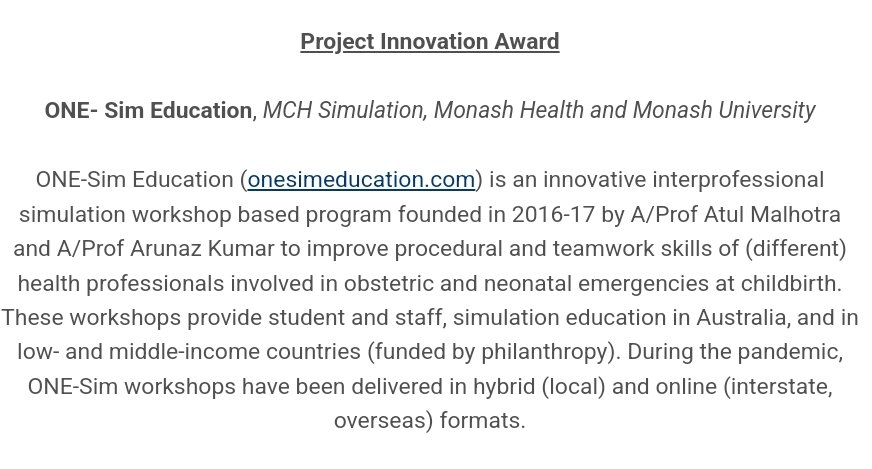 Delighted to share news that @onesimeducation has just won the @SimAustralasia Project Innovation Award for 2022! 🎉 Thanks to our team, fund raisers and global education partners helping us deliver this vital #MedEd education in Australia, overseas & online!