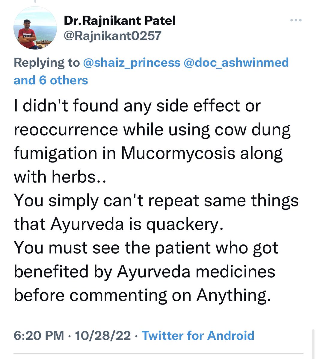 If this public proclamation was in any other country, this man would have been in jail. Ayurveds treating/preventing Covid & fungal infection with inhalation therapy using cow dung fumigation (source of Mucor fungus) mixed with raw herbs is a natural disaster waiting to happen.