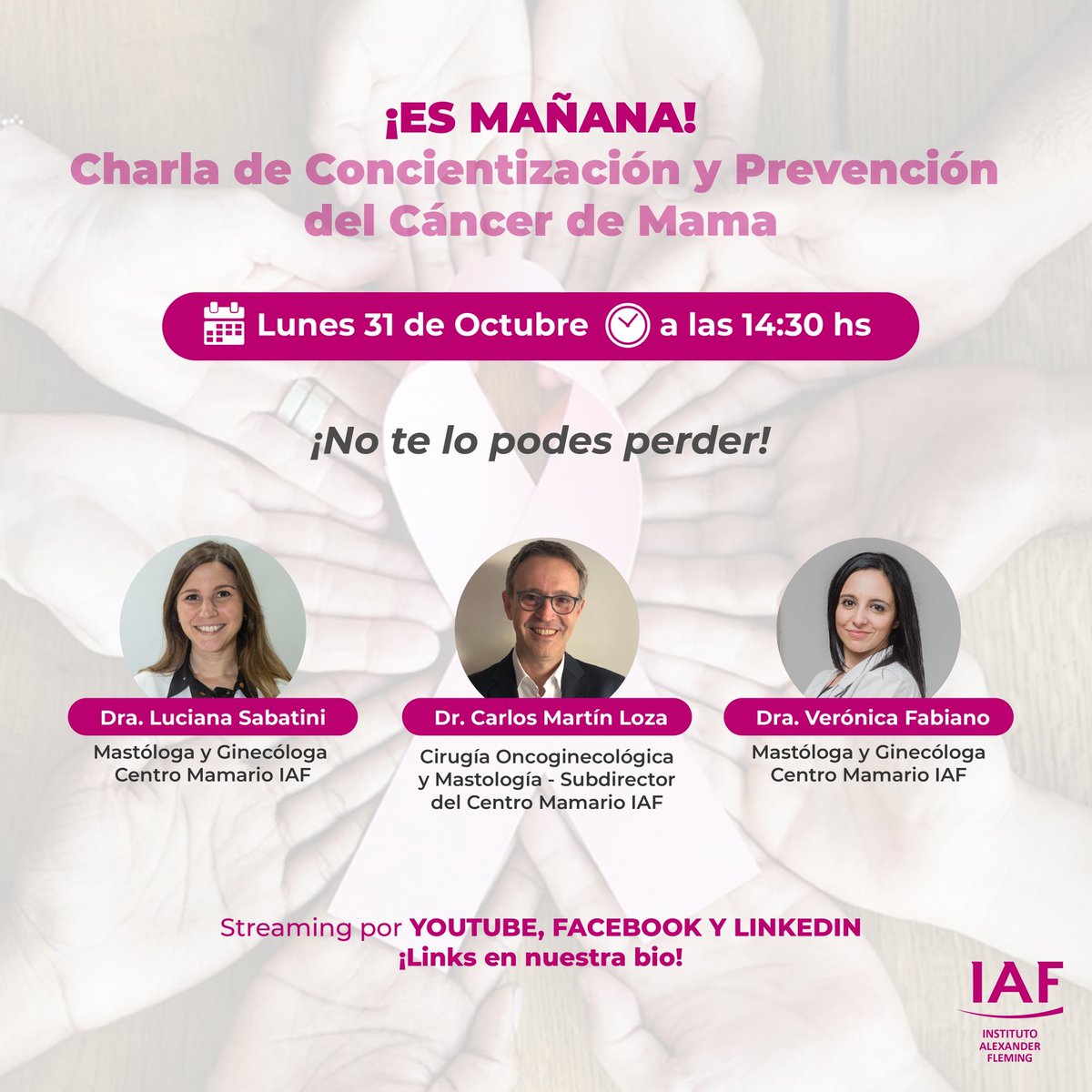 Charla sobre la prevención y concientización del Cáncer de Mama 🗓️ ¿Cuándo? MAÑANA 31 de octubre ⏰ A las 14:30 h (Argentina) ✅ ¡Sumate! linktr.ee/InstitutoAlexa… #Charlas #CharlasInformativas #MesRosa #CancerDeMama #CharlasPorStreaming #Lives #SabemosComoCuidarte #IAF