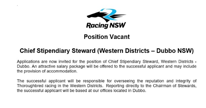 racing_nsw's tweet photo. Position Vacant: Chief Stipendiary Steward (Western Districts-Dubbo NSW) - https://t.co/P4ujpOZoT1 https://t.co/Ry0N61EvWp