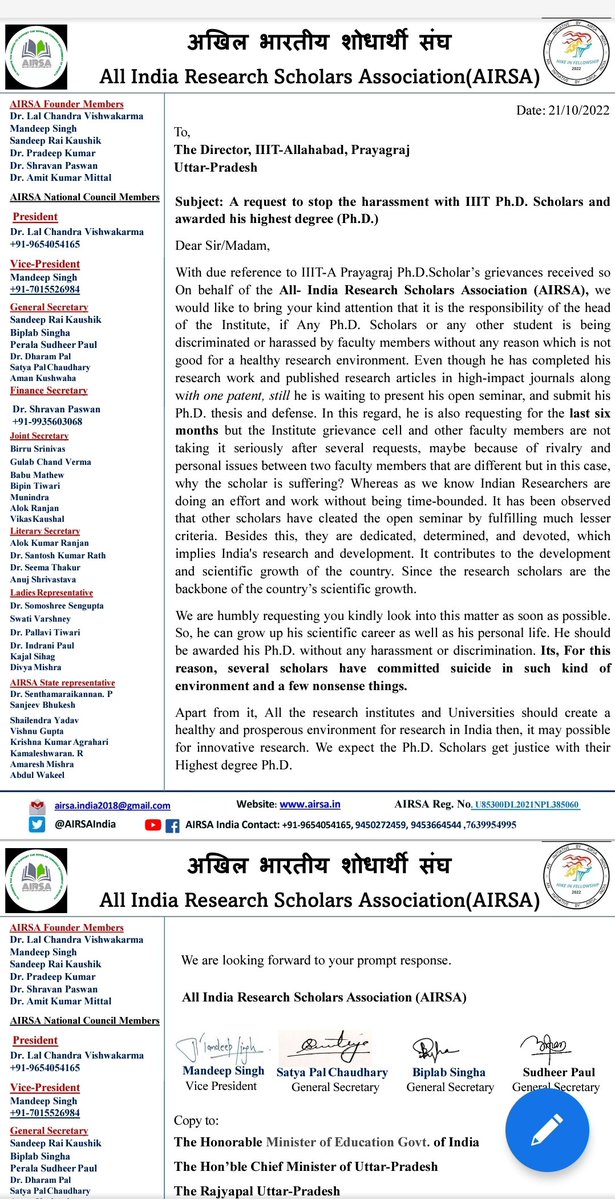 AIRSAIndia's tweet photo. IIIT Allahabad PhD Scholar is being harassed by the faculty. He requested several times to his institute higher authority yet nobody's ready to listen him @IIITA_Official @BEduMinofIndia @Xpress_edex @PMOIndia @the_hindu @TheLallantop @timesofindia @dpradhanbjp @mamidala90 @ANI https://t.co/XheZeVYA2Q