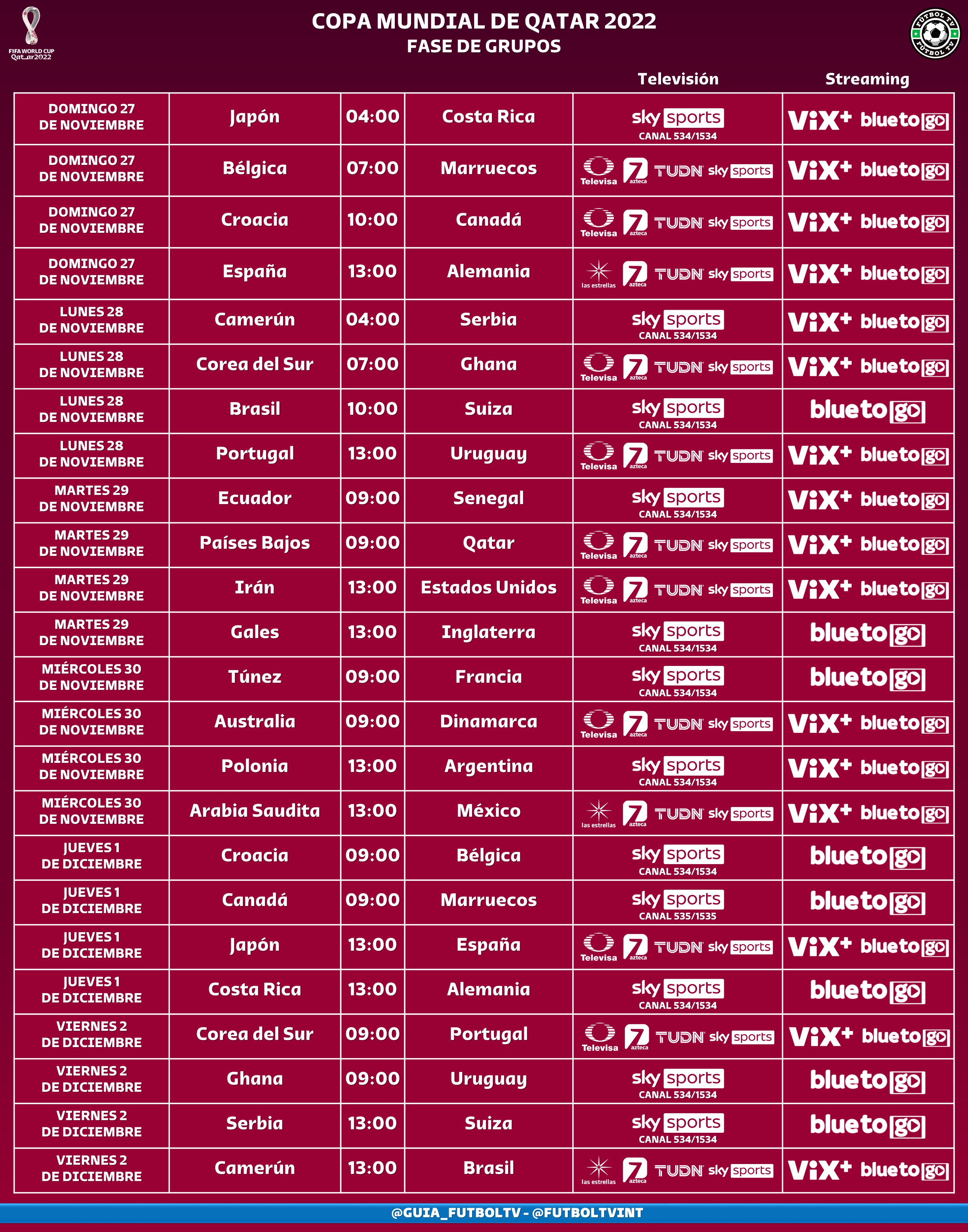 Partidos Mundial 2022 por TV Abierta y SKY