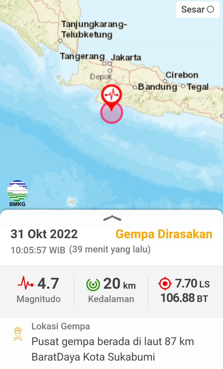 infomitigasi's tweet photo. Info Gempa dirasakan Mag:4.7, 31-Okt-22 10:05:57 WIB, Lok:7.70 LS, 106.88 BT (Pusat gempa berada di laut 87 km BaratDaya Kota Sukabumi), Kedlmn:20 Km https://t.co/fhmHmolWSb