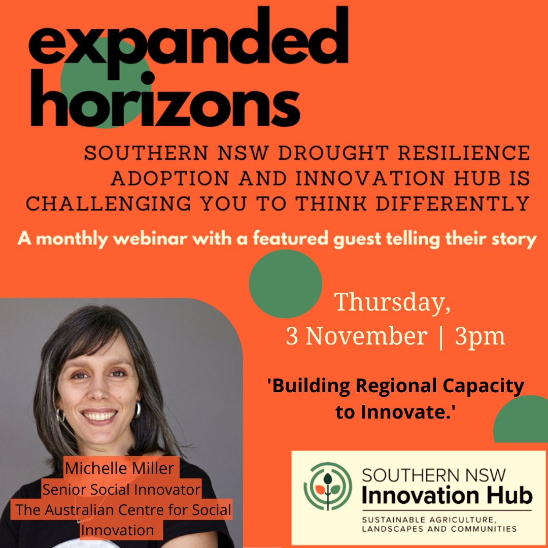 How can we design extension programs that support farmers to change their farming system? Register for our Expanded Horizons webinar with Michelle Miller <a href="/tacsi_innovate/">The Australian Centre for Social Innovation</a>  and find out. 3pm, 3 November AEST. loom.ly/jXXqxtM 
#FutureDroughtFund #SNSWInnovationHub <a href="/DAFFgov/">Department of Agriculture, Fisheries and Forestry</a>