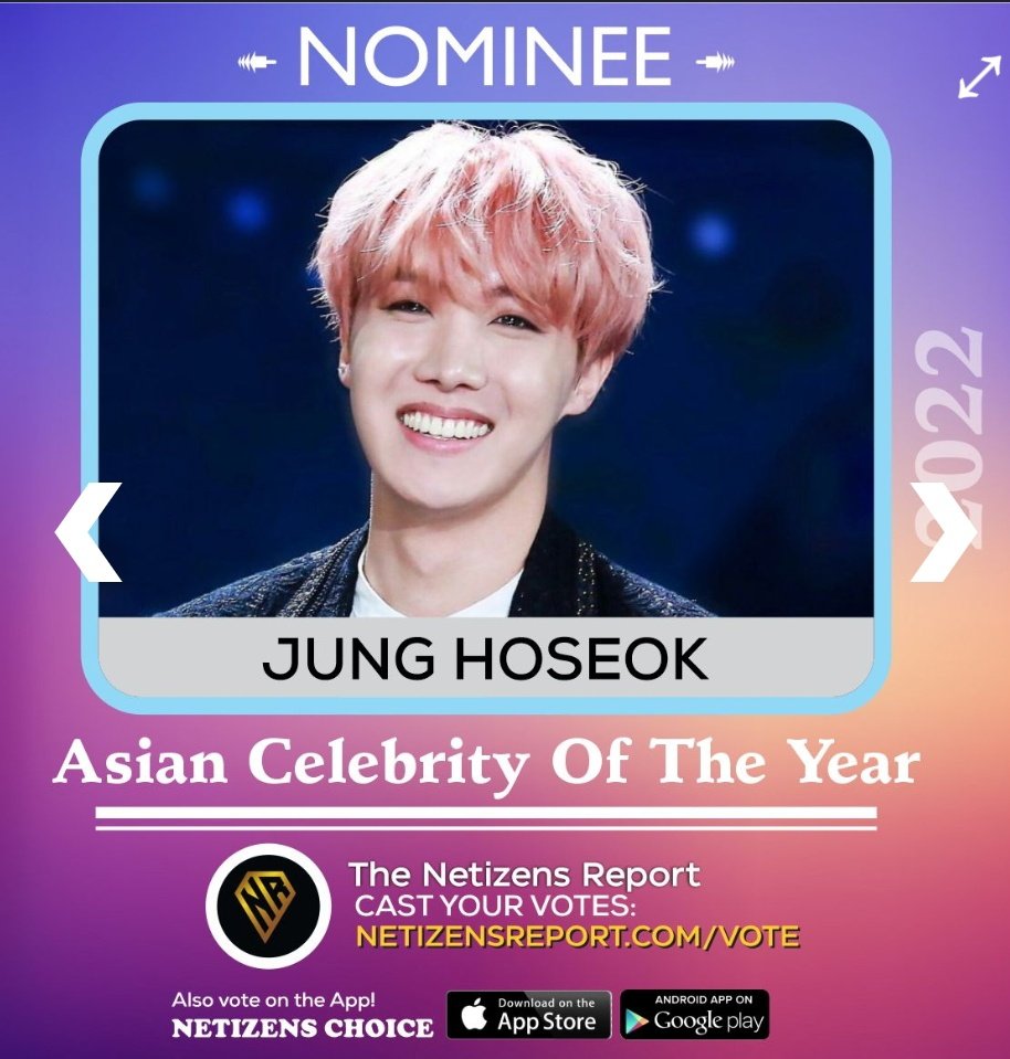 RT AND REPLY

I vote #JungHoseok #jhope of @BTS_twt for #NETIZENSREPORT as Asian Celebrity of the Year #ACOTY2022 #NOMINEE