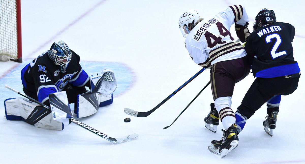 RECAP: Men's hockey never trailed against Marian in the series finale as they posted a football score line & beat the Sabres 7-3. Cole O'Connell scored 2 goals & Isaac Henkemeyer-Howe⬇️ had 3 pts. to give HC Kirk Olimb his 1st college 🇼! Recap: bit.ly/3SSe3pE