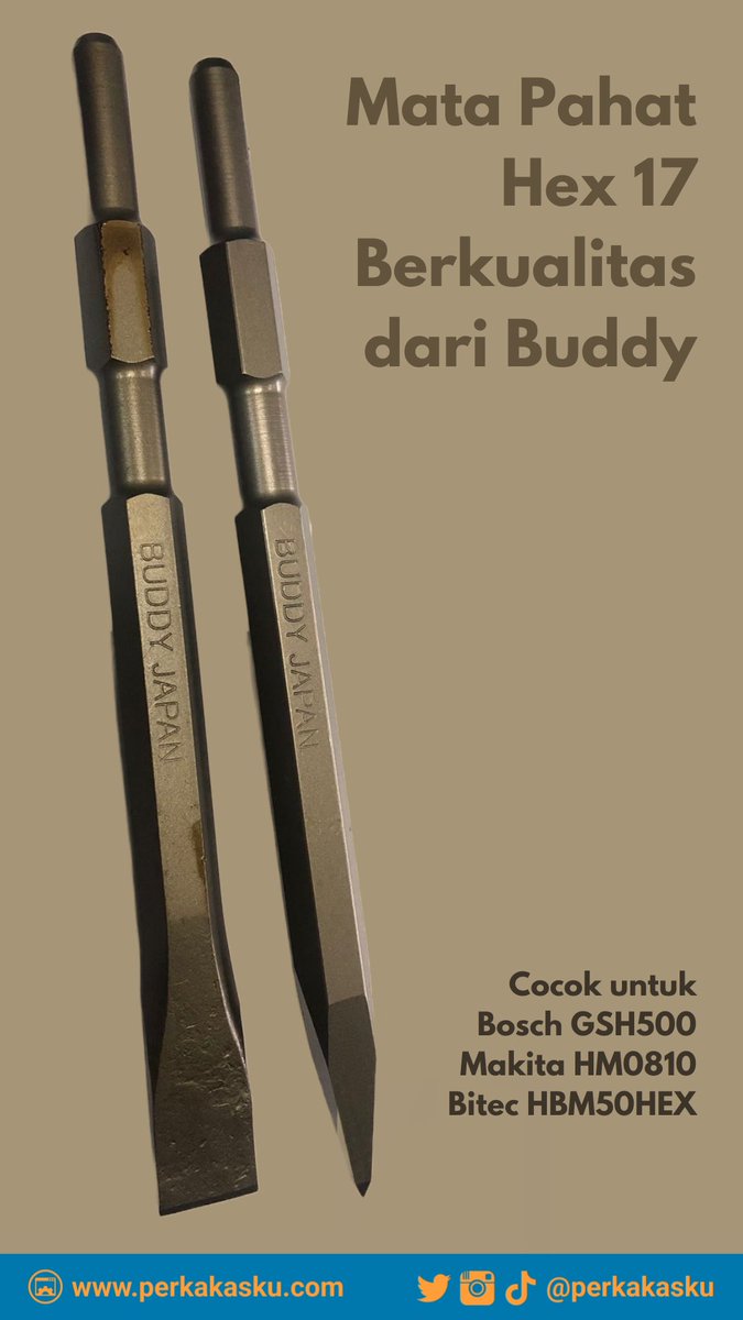 Mata Pahat Bobok Beton berkualitas dari Buddy, cocok untuk Bosch GSH500, Makita HM0810, Bitech HBM50HEX dan merk lainnya #perkakasku #matapahat #hex17 #buddy #cmartbuddy