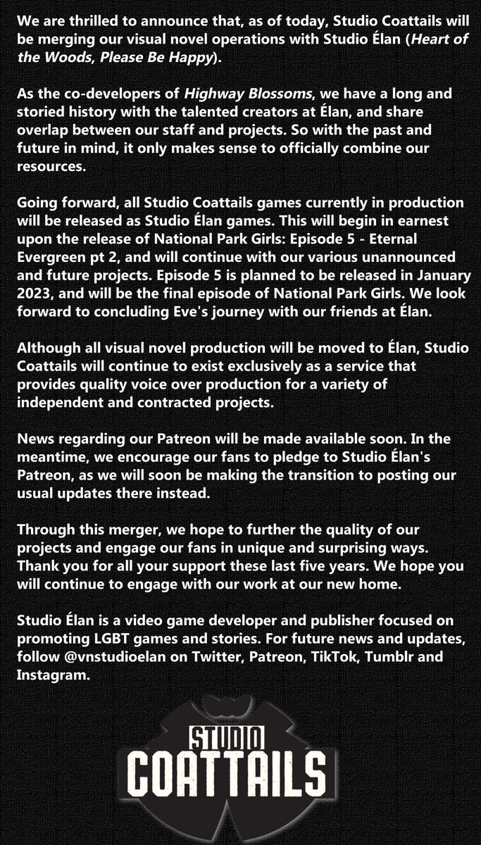 StudioCoattails's tweet image. MAJOR ANNOUNCEMENT: Effective immediately, Studio Coattails is merging its visual novel production operations with @vnstudioelan.

Read further for more info.