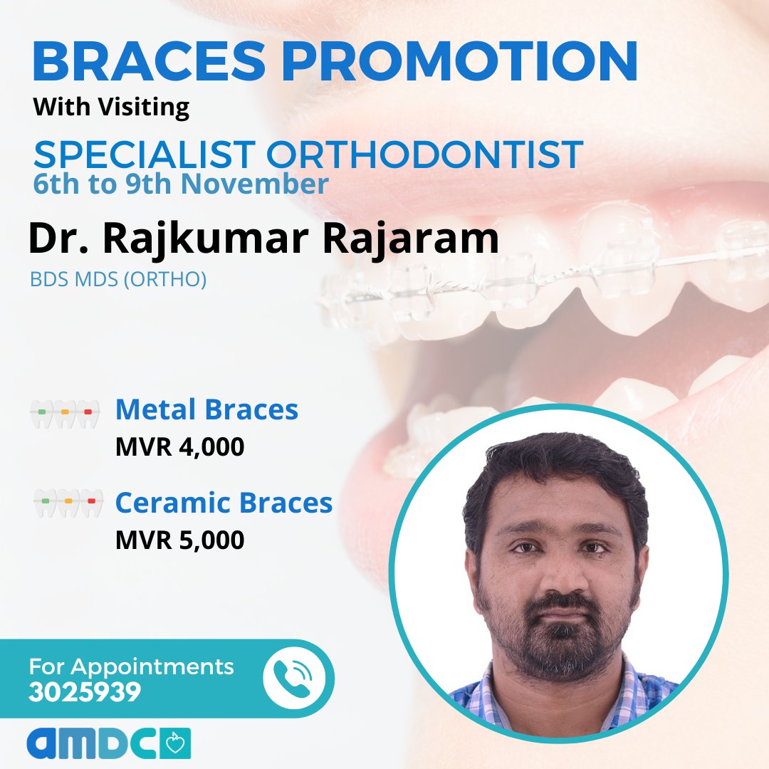 amdcclinic's tweet photo. 🚨SPECIAL PROMOTION🚨
🦷 Metal Braces - Starting from MVR 4,000.
🦷 Ceramic Braces - Starting from MVR 5,000.
Our Specialist Orthodontist will be consulting at AMDC from 6th November to  9th November  
For more information &amp; to book your appointments, please contact 3025939 https://t.co/CIQR38BUHM
