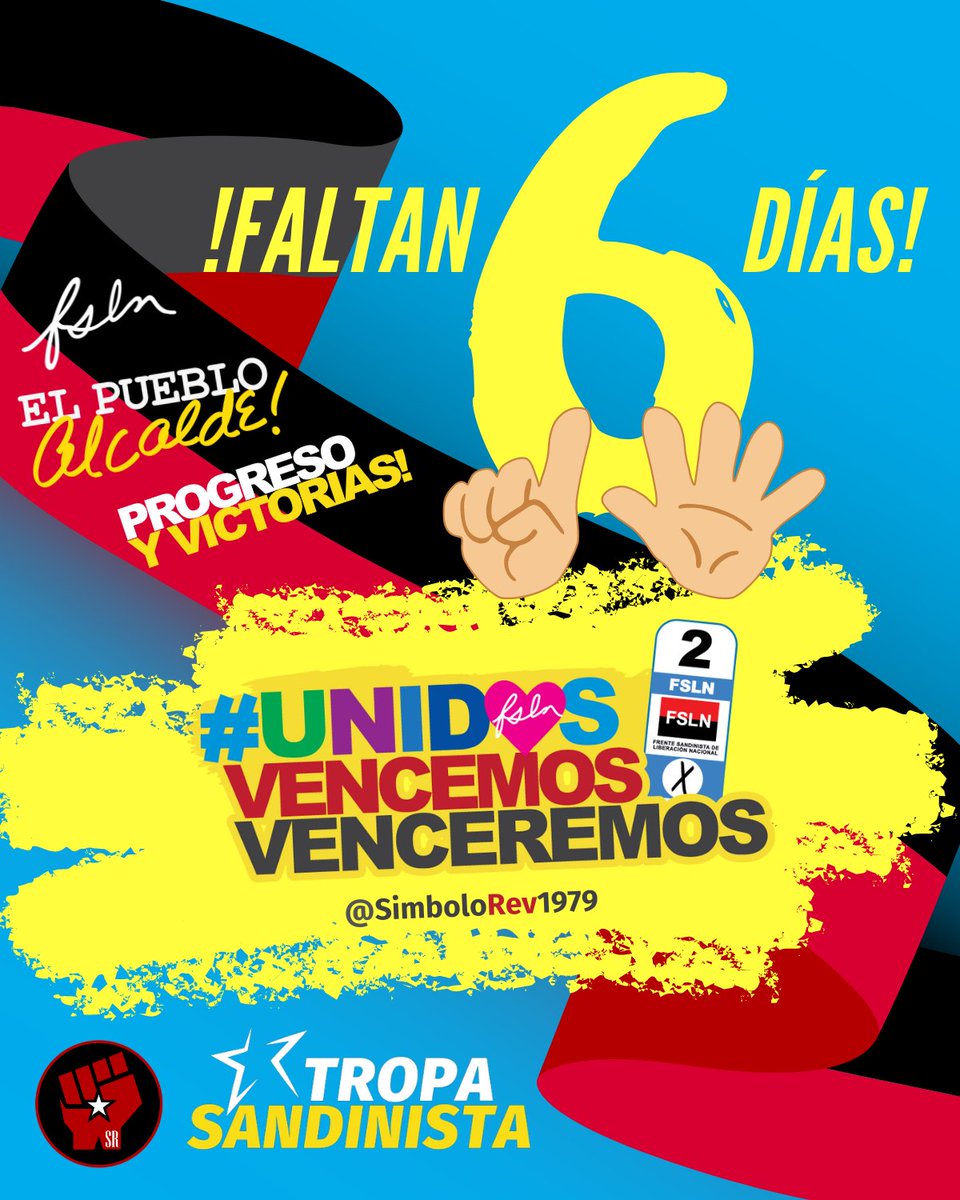 Estamos a sólo 6 días para que todos los nicaragüenses participemos en los Comicios Municipales 2022, para fortalecer la democracia, la paz y la estabilidad.

#UnidosVencemosVenceremos ✌️
#Nicaragua 🇳🇮

<a href="/SimboloRev1979/">Símbolo Revolucionario ✊</a> 
<a href="/TE2021/">Tropa Sandinista</a>